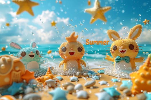 A sunny beach with cartoon characters. postcard. The inscription on the postcard is summer . 3d illustration.