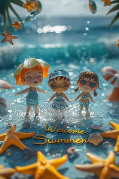 A sunny beach with cartoon characters. postcard. The inscription on the postcard is Welcome summer . 3d illustration.