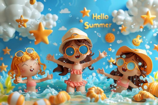 A sunny beach with cartoon characters. postcard. The inscription on the postcard Hello Summer. 3d illustration.