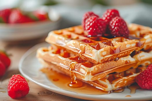 Close-up of a stack of Belgian waffles with fresh raspberries drizzled with maple syrup or honey on a platter.