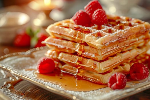 Close-up of a stack of Belgian waffles with fresh raspberries drizzled with maple syrup or honey on a platter.