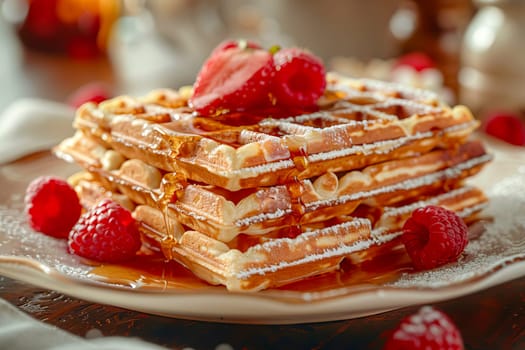 Close-up of a stack of Belgian waffles with fresh raspberries drizzled with maple syrup or honey on a platter.