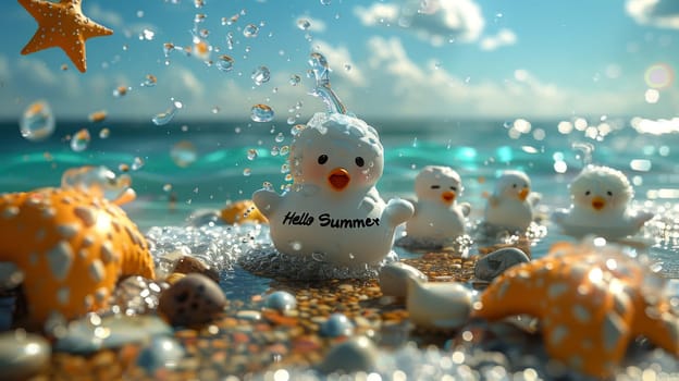 A sunny beach with cartoon characters. postcard. The inscription on the postcard Hello Summer. 3d illustration.