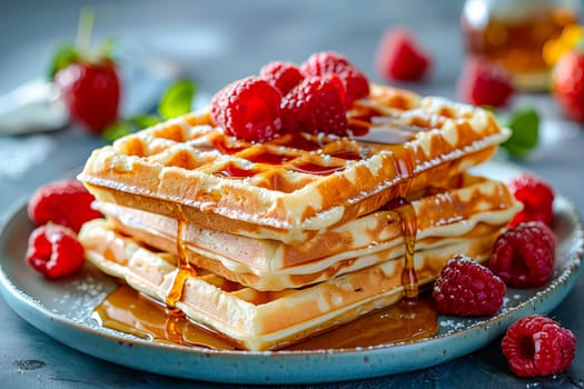 Close-up of a stack of Belgian waffles with fresh raspberries drizzled with maple syrup or honey on a platter.