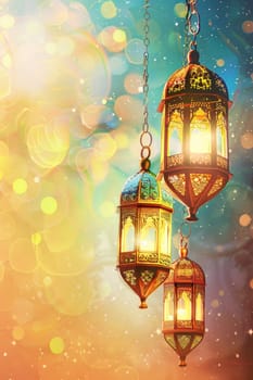 Decorative Arabic lantern with burning candle, glowing in the night. Festive card, invitation to the holy holiday for Muslims Eid al adha.