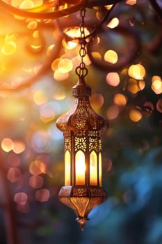 Decorative Arabic lantern with burning candle, glowing in the night. Festive card, invitation to the holy holiday for Muslims Eid al adha.