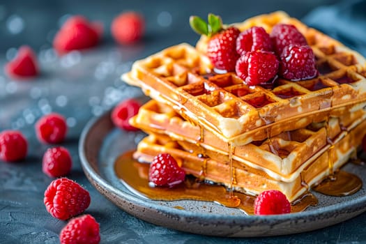 Close-up of a stack of Belgian waffles with fresh raspberries drizzled with maple syrup or honey on a platter.