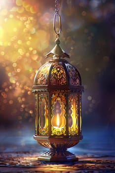 Decorative Arabic lantern with burning candle, glowing in the night. Festive card, invitation to the holy holiday for Muslims Eid al adha.