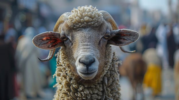 Portrait of a sheep. Eid al-Adha Mubarak holiday, a holiday that is celebrated after the culmination of the annual Hajj. The feast of sacrifice.