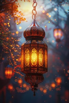 Decorative Arabic lantern with burning candle, glowing in the night. Festive card, invitation to the holy holiday for Muslims Eid al adha.