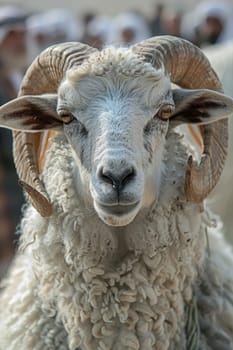 Portrait of a ram . The Eid al-Adha Mubarak holiday, which is celebrated after the completion of the annual Hajj. The Feast of Sacrifice.