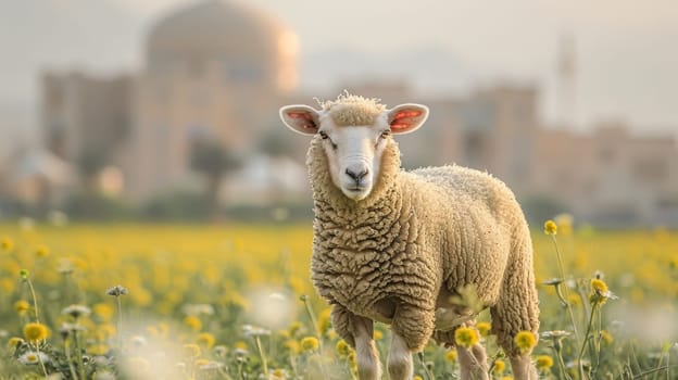 Portrait of a sheep. Eid al-Adha Mubarak holiday, a holiday that is celebrated after the culmination of the annual Hajj. The feast of sacrifice.