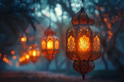 Decorative Arabic lantern with burning candle, glowing in the night. Festive card, invitation to the holy holiday for Muslims Eid al adha.