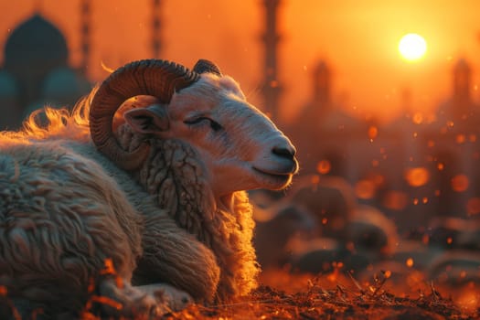 Portrait of a ram . The Eid al-Adha Mubarak holiday, which is celebrated after the completion of the annual Hajj. The Feast of Sacrifice.