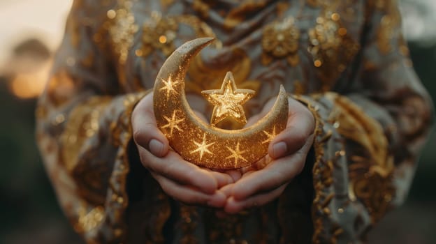 The symbol of the holy holiday of Eid al-Adha. A crescent moon and a star in your hands.