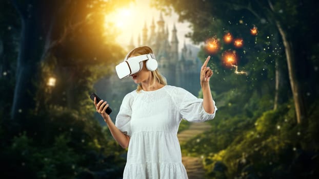 Girl wearing VR glasses while holding phone and pointing at view. Happy woman surprised while looking around to explore visual reality world or metaverse surrounded with fantasy world. Contraption.