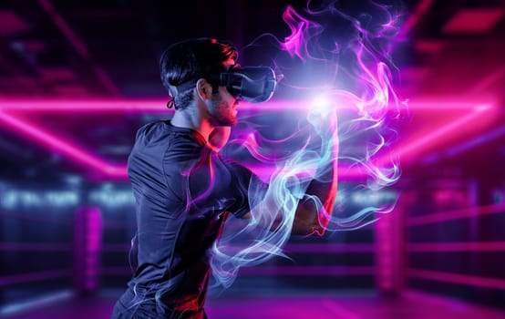 Man wearing VR glass and smashing or punching at camera in neon boxing arena. Sport gamer boxing and moving gesture in metaverse or virtual world while using digital technology innovation. Deviation.