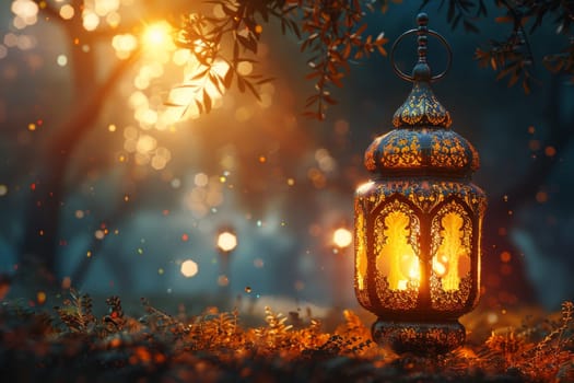 Decorative Arabic lantern with burning candle, glowing in the night. Festive card, invitation to the holy holiday for Muslims Eid al adha.