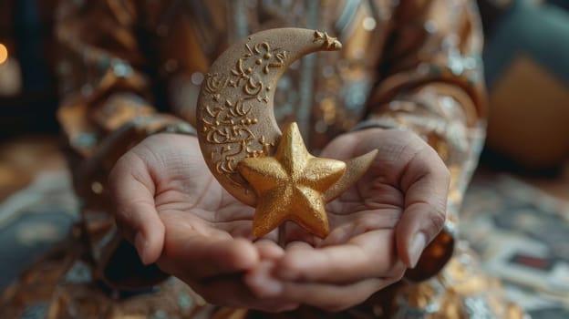 The symbol of the holy holiday of Eid al-Adha. A crescent moon and a star in your hands.