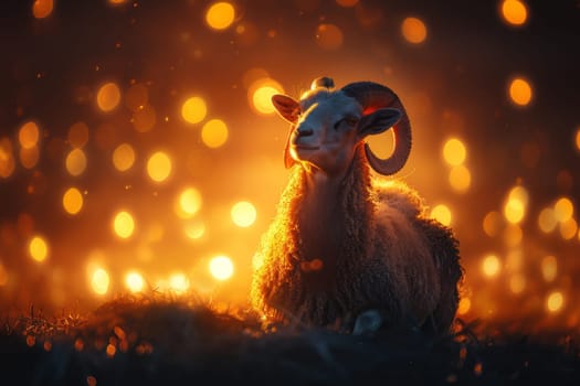 Portrait of a ram . The Eid al-Adha Mubarak holiday, which is celebrated after the completion of the annual Hajj. The Feast of Sacrifice.