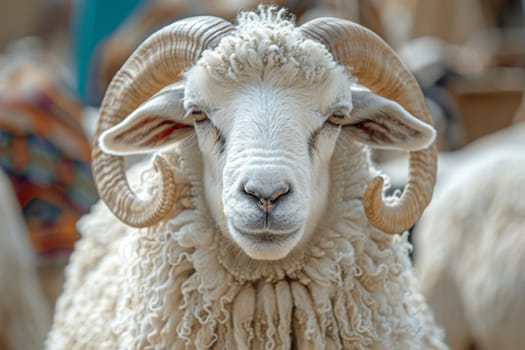 Portrait of a ram . The Eid al-Adha Mubarak holiday, which is celebrated after the completion of the annual Hajj. The Feast of Sacrifice.