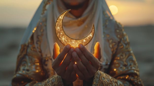 The symbol of the holy holiday of Eid al-Adha. A crescent moon in his hands . The Halal symbol.