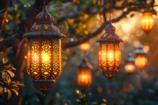 Decorative Arabic lantern with burning candle, glowing in the night. Festive card, invitation to the holy holiday for Muslims Eid al adha.