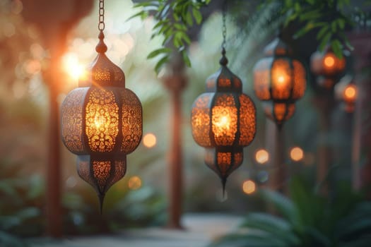 Decorative Arabic lantern with burning candle, glowing in the night. Festive card, invitation to the holy holiday for Muslims Eid al adha.