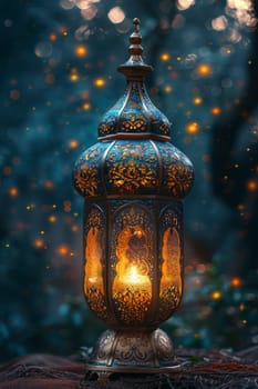 Decorative Arabic lantern with burning candle, glowing in the night. Festive card, invitation to the holy holiday for Muslims Eid al adha.