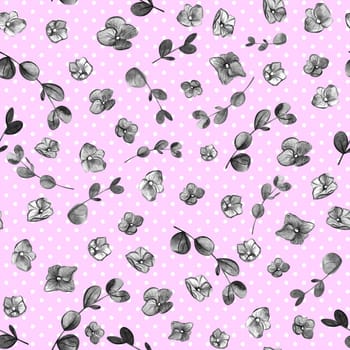 Cute black and white Seamless pattern with small flowers on a pastel pink background with white polka dots. Realistic botanical summer textile