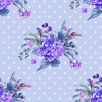 Cute botanical Seamless pattern with blue hydrangea and eustoma flowers in vintage style on a pastel lilac background with white polka dots. Realistic botanical summer textile