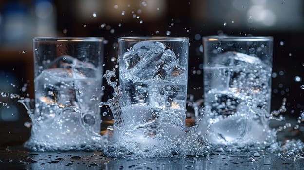 Three glasses of clear water with bubbles standing on the table.