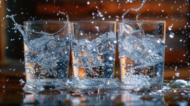 Three glasses of clear water with bubbles standing on the table.