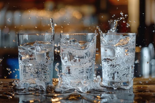 Three glasses of clear water with bubbles standing on the table.