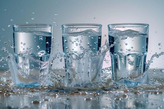 Three glasses of clear water with bubbles standing on the table.