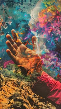 An organisms hand is reaching out towards a vibrant coral reef underwater. The colorful background consists of pink coral, creating a fun and artistic scene in marine biology