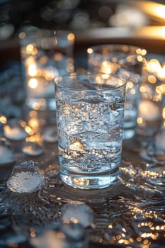 Three glasses of clear water with bubbles standing on the table.