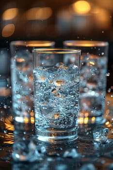 Three glasses of clear water with bubbles standing on the table.