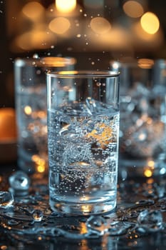Three glasses of clear water with bubbles standing on the table.