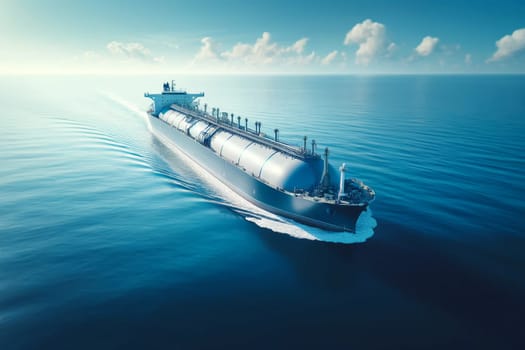 a liquefied gas tanker with a streamlined hull and cylindrical storage tanks against a calm blue ocean background.