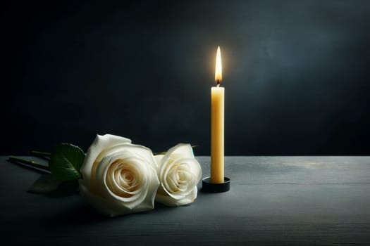 a thin yellow wax candle and two white roses as a symbol of memory, mourning and respect, copy space