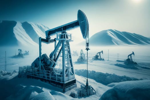 Oil drilling rigs in the Arctic among snow-capped mountains in extreme conditions.