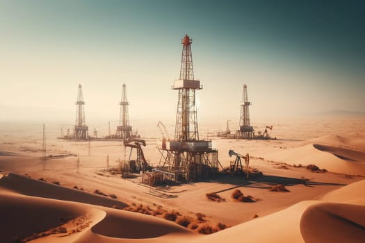 oil rigs in desert landscape under clear blue sky.