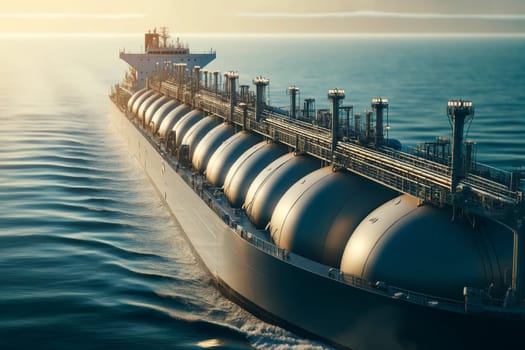 close-up of a liquefied gas tanker with a streamlined hull and cylindrical storage tanks against a calm blue ocean background