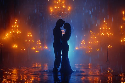 A pair of tango dancers in elegant suits and dresses pose dancing in the sunset light. Attractive man and woman dancing while looking at each other.