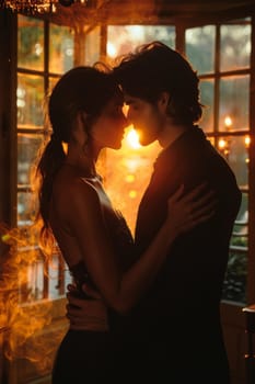 A pair of tango dancers in elegant suits and dresses pose dancing in the sunset light. Attractive man and woman dancing while looking at each other.