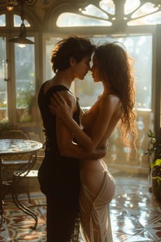 A pair of tango dancers in elegant suits and dresses pose dancing in the sunset light. Attractive man and woman dancing while looking at each other.