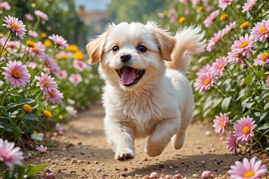 An exuberant white dog with golden ears joyful running down a trail adorned with vibrant pink and yellow flowers, signaling the arrival of spring or summer.