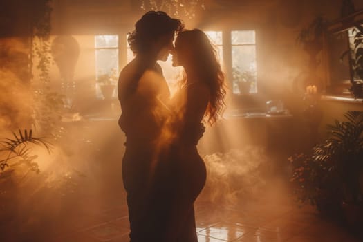 A pair of tango dancers in elegant suits and dresses pose dancing in the sunset light. Attractive man and woman dancing while looking at each other.