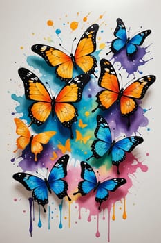 A vivid painting of Monarch butterflies soaring over a rhythm of blue and orange. The artist's use of ink and watercolor creates a dynamic, energetic effect, perfect for projects needing a touch of artistic inspiration.